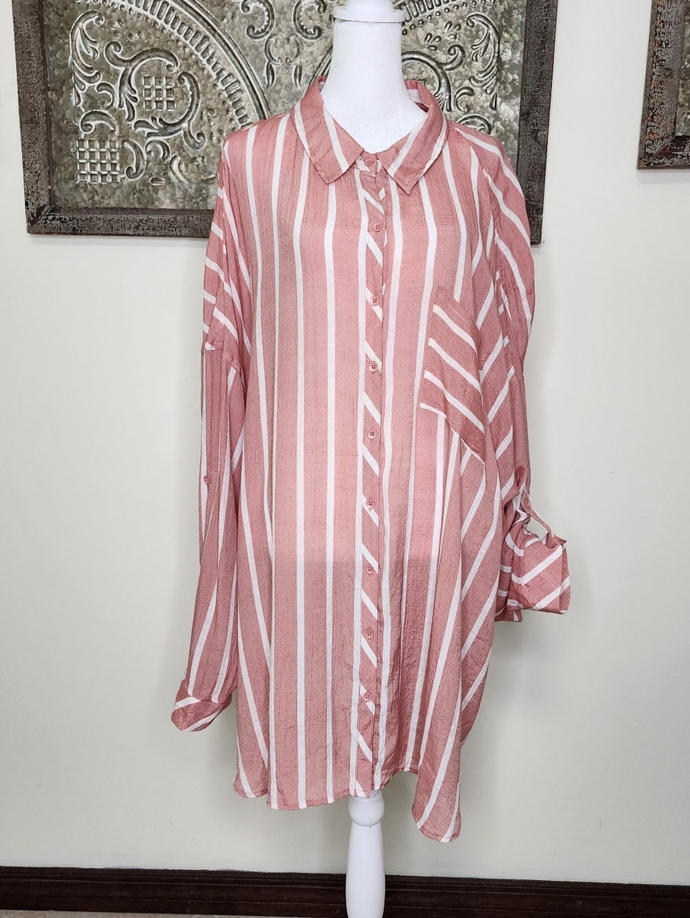 Torrid Dusty Rose & White Striped Button-Down Tunic Blouse Sz4 Light & Breezy